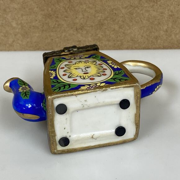 Vtg Sunflower Face Teapot Trinket Box Porcelain Sun Bright Whimsical - Picture 11 of 11